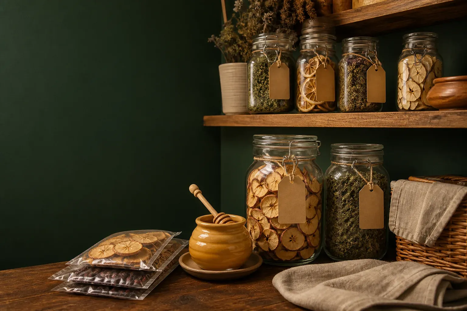 Un garde-manger : bocaux de pommes séchées et d’herbes aux étiquettes vierges, pot de miel, sachets sous vide.