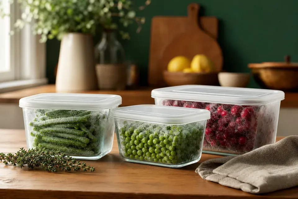 Des boîtes en verre de haricots, petits pois et fruits rouges prêtes pour le congélateur.