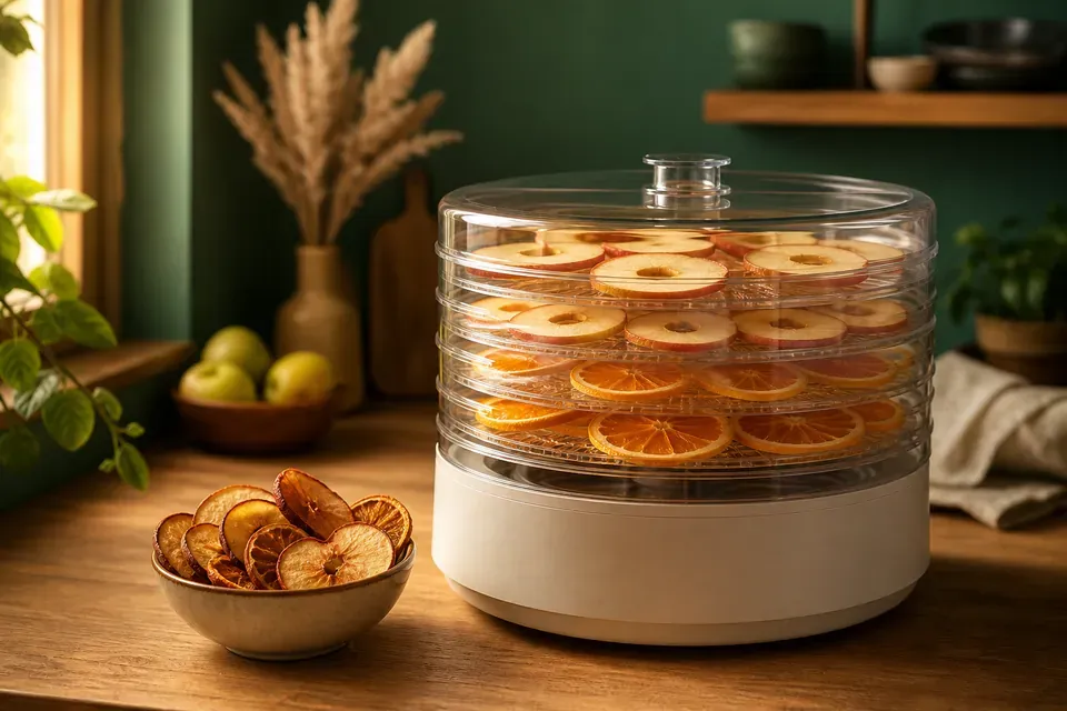 Un déshydrateur à plateaux garni de tranches de pomme et d’orange, dans une cuisine chaleureuse.